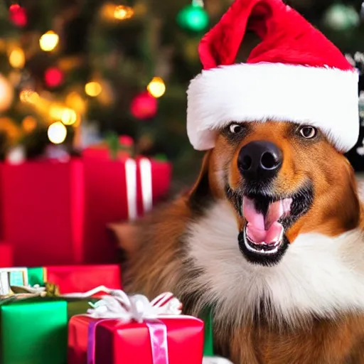 Prompt: A surprised dog getting caught opening Christmas presents