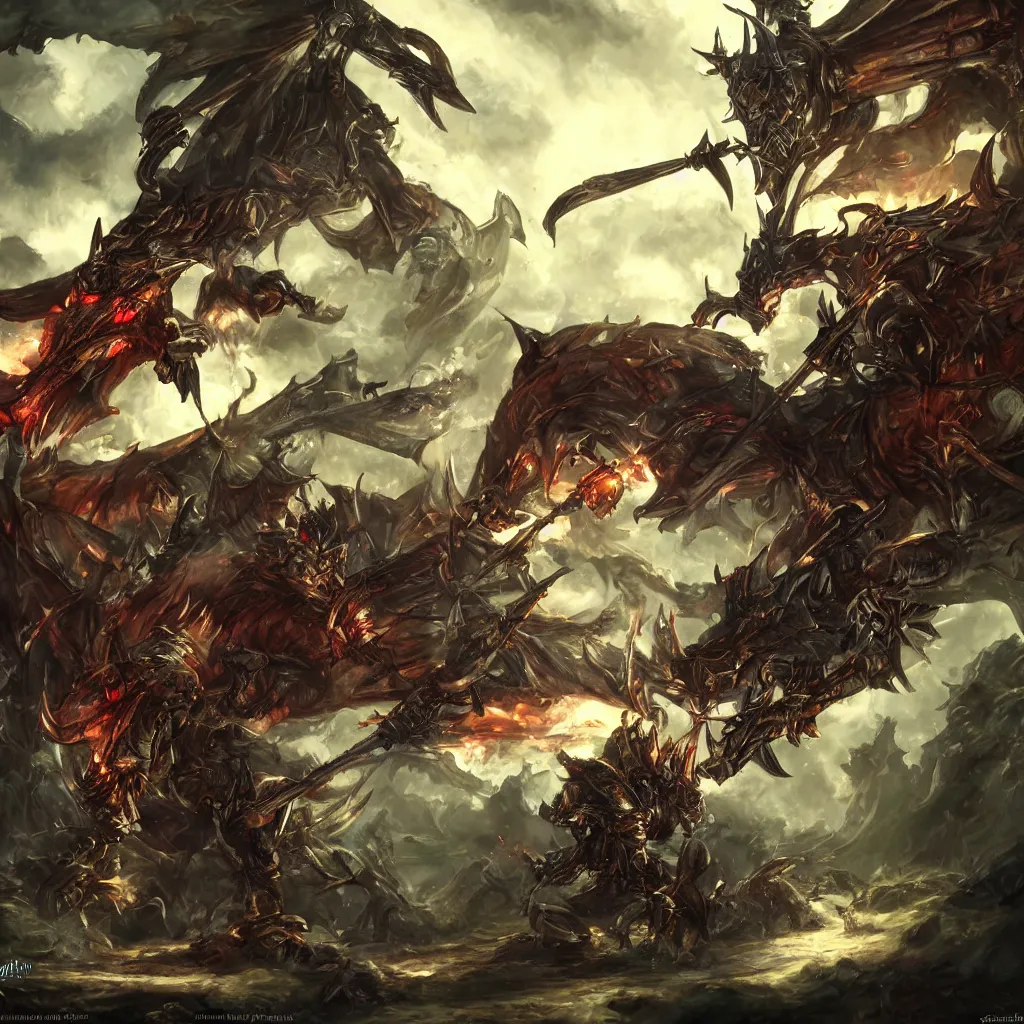 Image similar to a knight fighting bahamut from final fantasy in the woods, highly detailed, digital art, sharp focus, trending on art station, warhammer 4 0 k fantasy