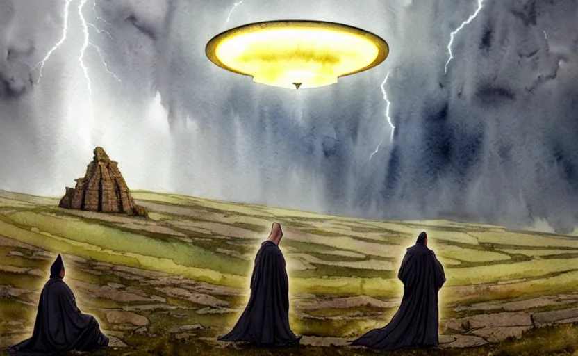 Image similar to a hyperrealist watercolor concept art of a giant ufo in the sky above gobekli tepe during a thunderstorm. a medieval monk in grey robes is in the foreground. very muted colors, by rebecca guay, michael kaluta, charles vess. high detail, hq, wide shot, 4 k