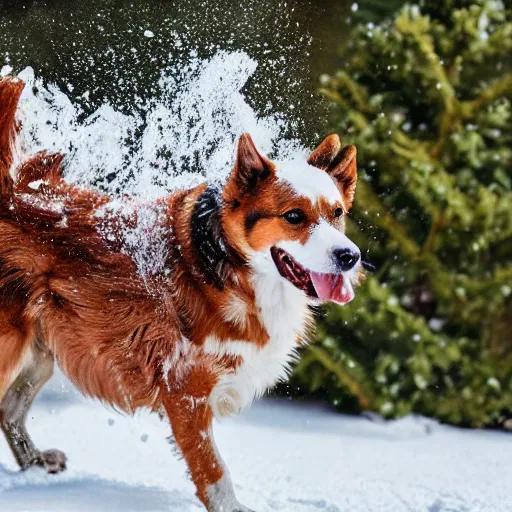 Image similar to detailed picture of a dog playing in the snow dressed as a fish 8 k