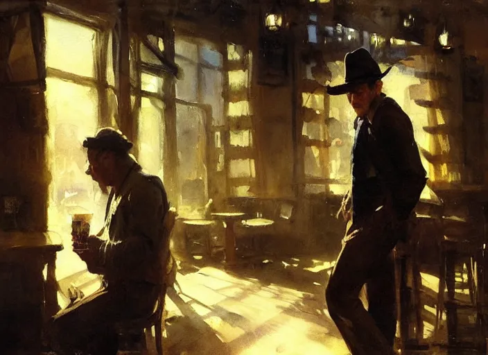 Image similar to oil watercolor painting of young rugged guy in western bar, shaven stubble, short hair, mysterious light, art by anders zorn, wonderful masterpiece by greg rutkowski, beautiful cinematic light, american romanticism by greg manchess, creation by tyler edlin