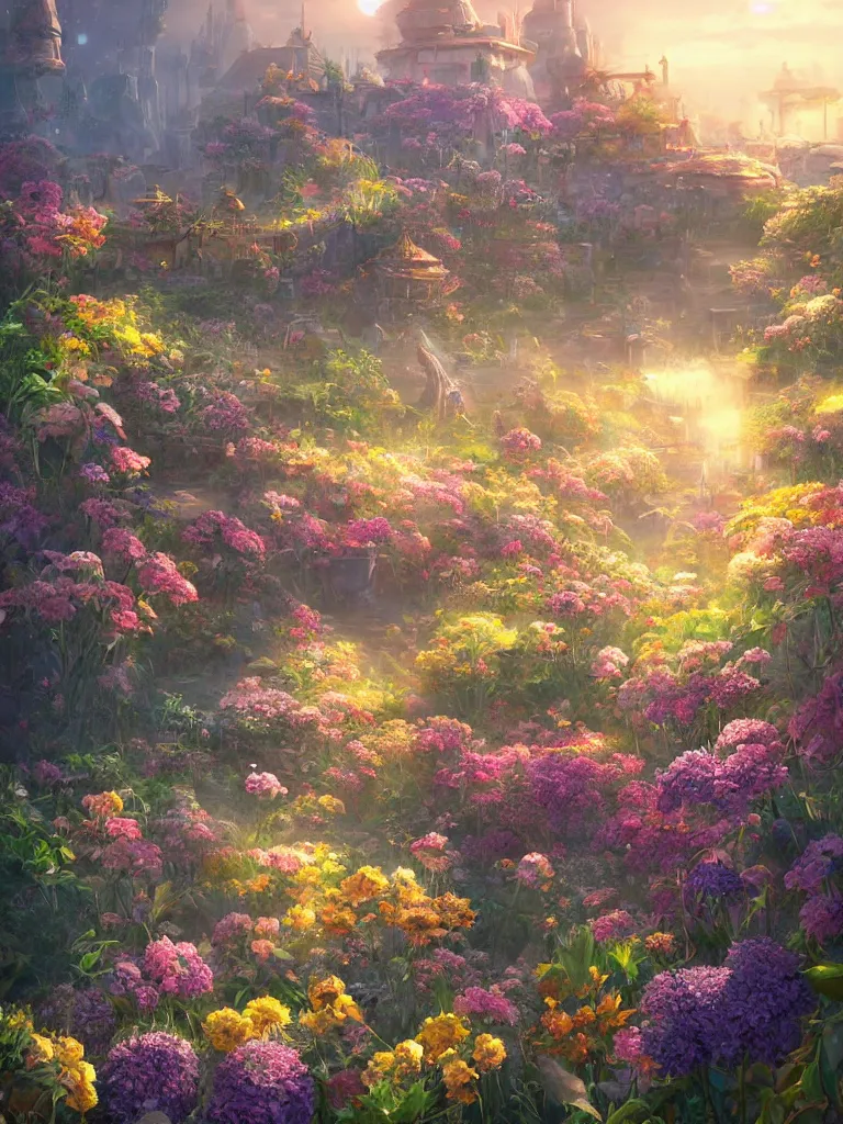 Image similar to a dream flower garden near a seaside spaceport environment where one draws mystical energy into their lives, background art, pristine concept art, small, medium and large design elements, golden hour, in the style of WLOP and Ross Tran