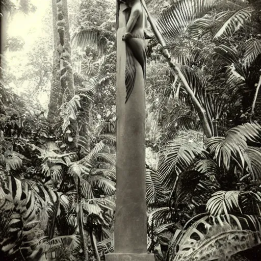 Image similar to lost film footage of a sacred surrealist totem in the middle of the tropical jungle / film still / cinematic / enhanced / 1 9 2 0 s / black and white / grain