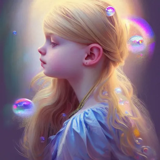 Image similar to portrait of magical little blond girl, dreamy and ethereal, blue eyes, peaceful expression, ornate frilly dress, fantasy, intricate, elegant, rainbow bubbles, highly detailed, digital painting, artstation, concept art, smooth, sharp focus, illustration, art by artgerm and greg rutkowski and alphonse mucha