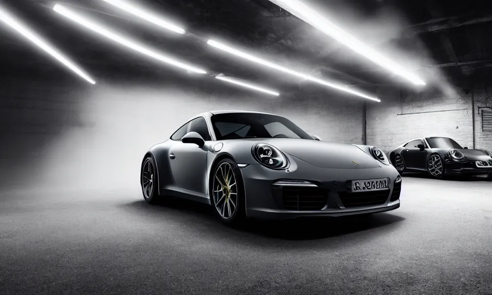 Prompt: photo of a porsche 911 standing in a garage with its headlights turned on, mist, volumetric light, 4k