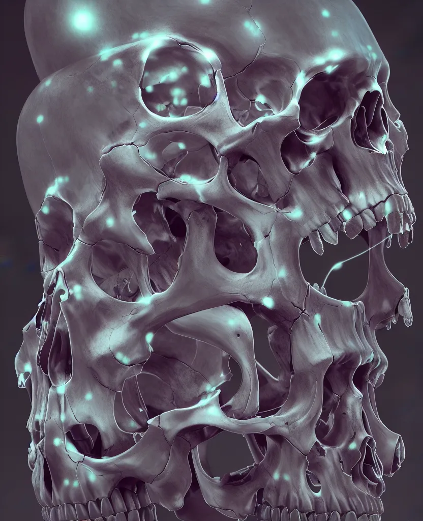 Image similar to composition of human skulls, animals skulls, bones, rib-cage and orchids, bioluminiscent, by Tooth Wu and wlop and beeple. octane render, trending on artstation, greg rutkowski very coherent symmetrical artwork. cinematic, hyper realism, high detail, octane render, 8k