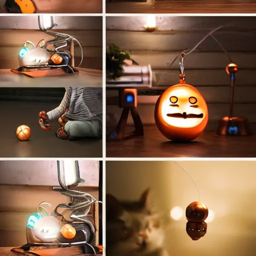 Image similar to a playful robotic cat playing with a ball made out of copper, studio ghibli, extremely detailed, cozy, cabin interior, cinematic lighting, cute,