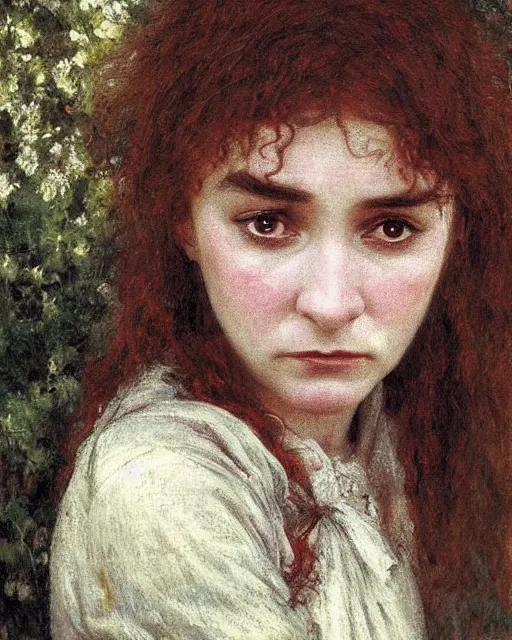 Image similar to a beautiful but sinister girl who looks like a young shirley henderson in layers of fear, with haunted eyes and curly hair, 1 9 7 0 s, seventies, delicate embellishments, a little blood, crimson, painterly, offset printing technique, by jules bastien - lepage