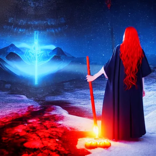 Image similar to red headed woman dressed in dark blue wizard robes holding a wooden staff covered in glowing red runes topped with a glowing gem. background of snowy mountains. fantasy painting.