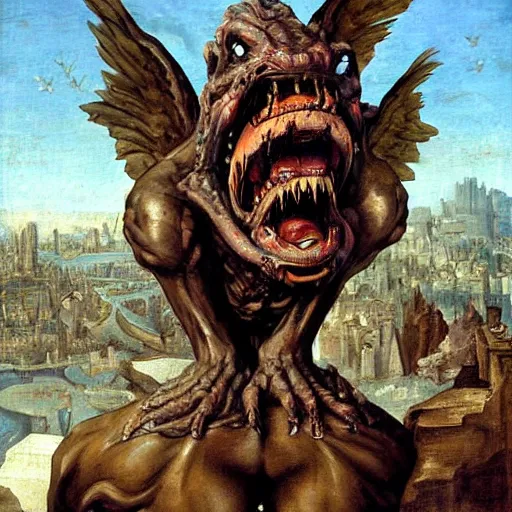 Image similar to an oil painting of an ugly Gargoyle monster, Renaissance painting, Renaissance Port City background, big vampire teeth, angel wings, 1450