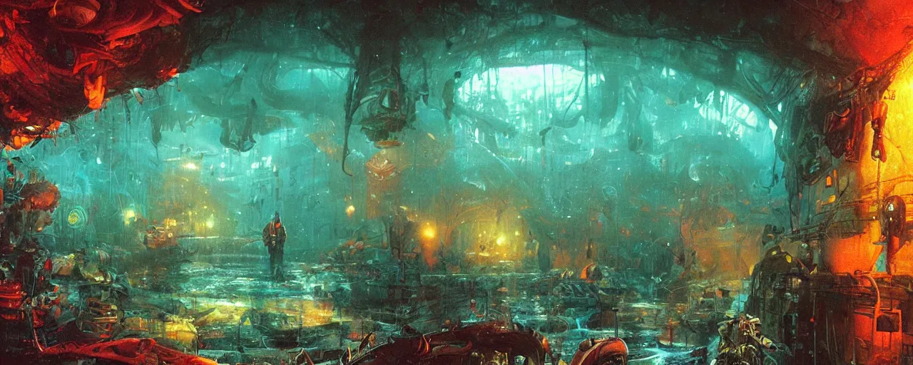 Prompt: ” inside a fish, [ moist, wet, gut, gills, cinematic, detailed, epic, widescreen, opening, establishing, mattepainting, photorealistic, realistic textures, octane render, art by paul lehr ] ”