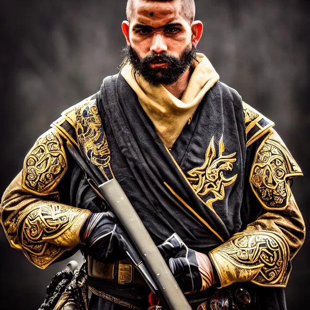 Image similar to photo of a ranger warrior with ornate robes, 8 k, hdr, smooth, sharp focus, high resolution, award - winning photo