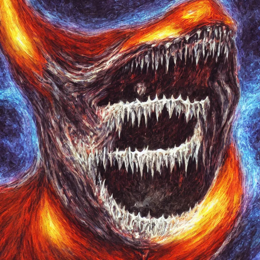 Prompt: fanged maw in the moon devouring moon sharp fangs streaming blood bestial moon, award winning oil painting, chromatic aberration