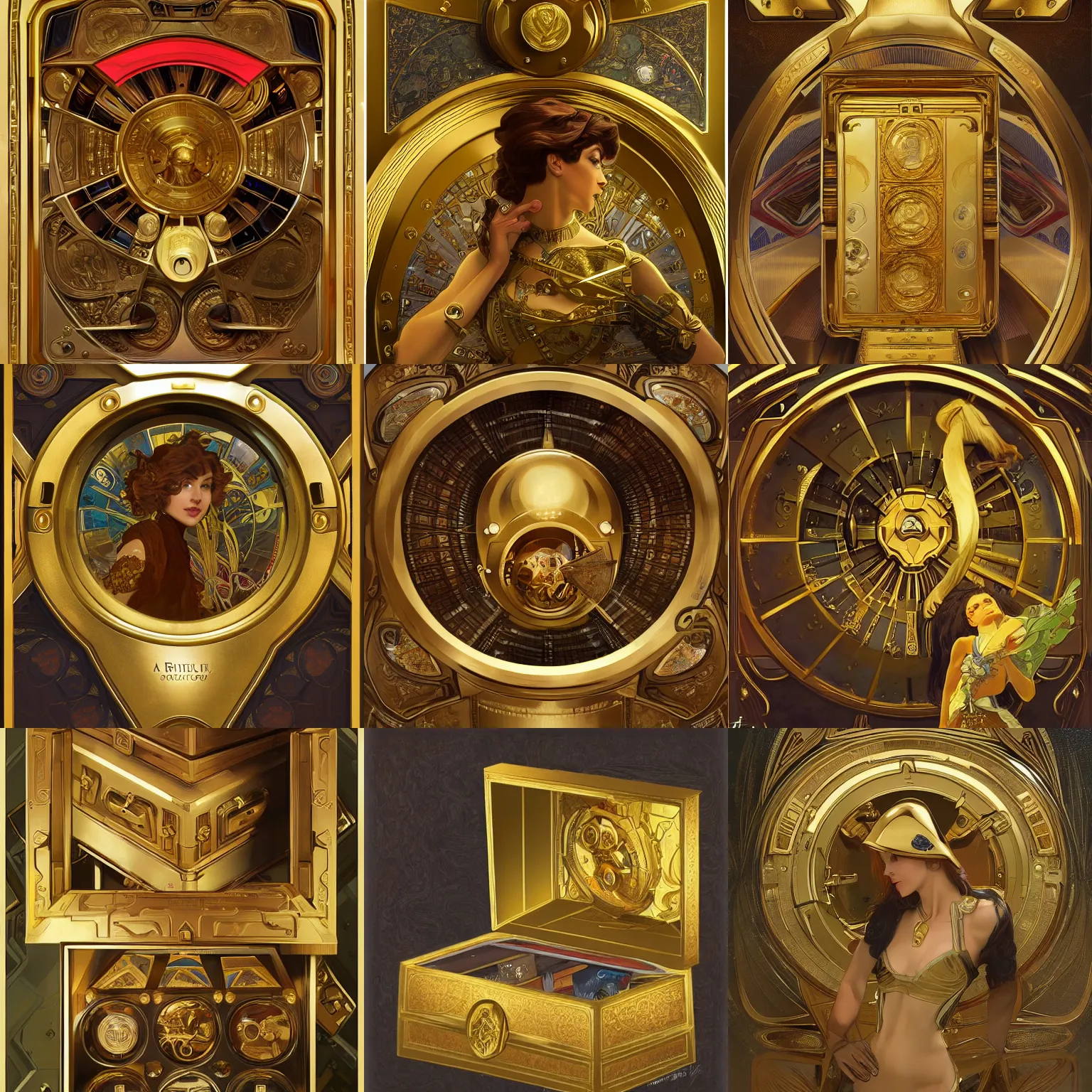 Prompt: a gold vault chest slightly open with hidden luxury goodies, scifi, interior, highly detailed, digital painting, artstation, concept art, fine art illustration, art by alphonse mucha