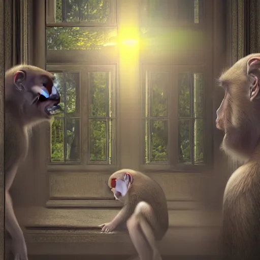 Image similar to two macaques looking at each other inside victorian mansion, digital art, soft shadows, creepy art, sun flare