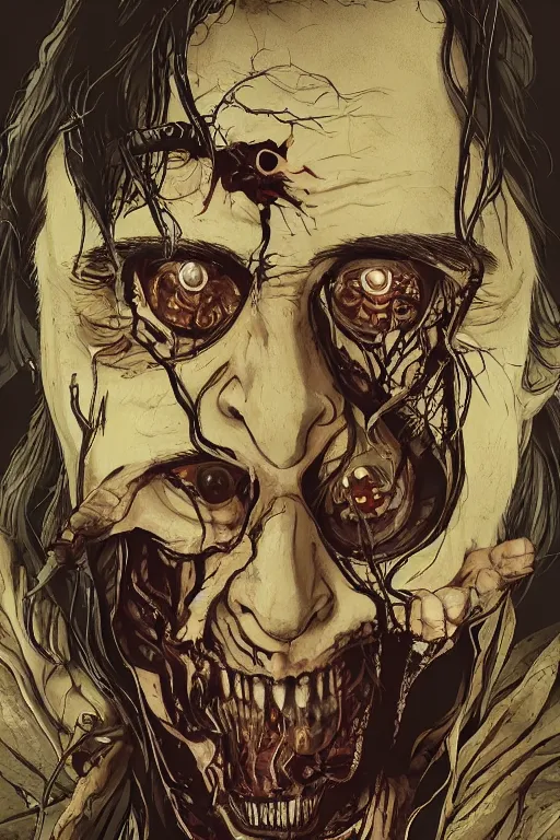 Image similar to nicolas cage in sleepy hollow, full body, big two toned eyes, teeth gritted, horror, intricate details, cinematic, epic, realistic, anatomy, tomer hanuka, uplight, artstation, photorealistic, scary