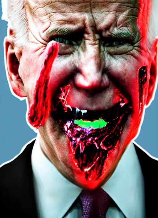 Image similar to hyper realistic ultra realistic horror terror dimensional photo furious glowing red eyes biden, high quality photo, detailed , 8k