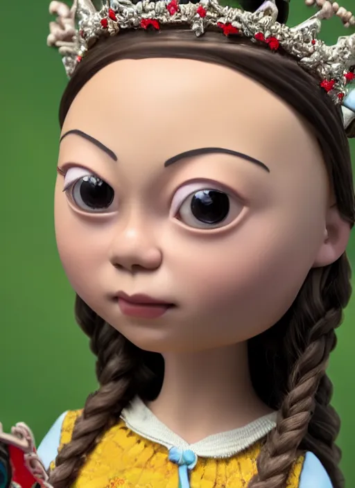 Image similar to closeup face profile portrait of tin toy greta thunberg as a fairytale princess wearing a crown eating cakes, bikini, depth of field, zeiss lens, detailed, symmetrical, centered, fashion photoshoot, by nicoletta ceccoli, mark ryden, lostfish, breathtaking, 8 k resolution, extremely detailed, beautiful, establishing shot, artistic, hyperrealistic, octane render