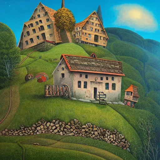 Image similar to a painting of a house on a hill, a detailed matte painting by Jacek Yerka, cg society contest winner, naive art, storybook illustration, 2d game art, matte background