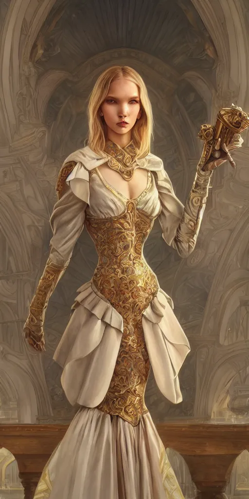 Image similar to sasha luss, mayors daughter, smart, clever, cheeky, elegant fantasy dress, town hall, intricate, highly detailed, digital painting, artstation, concept art, smooth, sharp focus, illustration, Unreal Engine 5, 8K, art by artgerm and greg rutkowski and alphonse mucha, by Jesper Ejsing