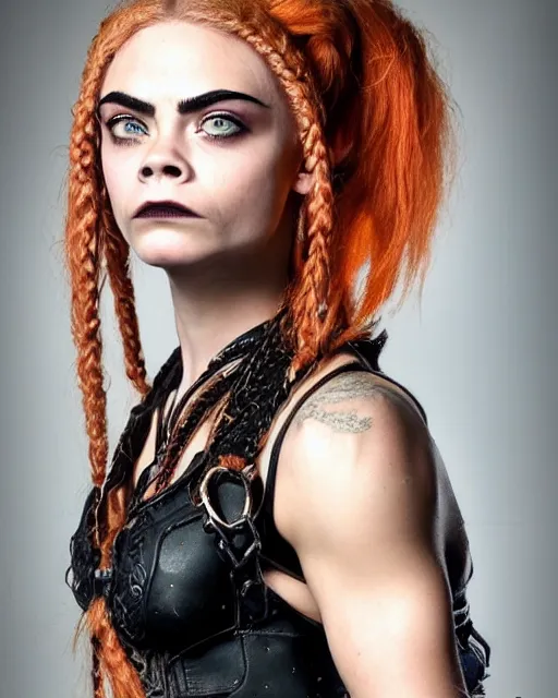 Prompt: fantasy character portrait photo. female dwarf. short, broad, buff & jacked. broad face resembles cara delevingne but very squat. wide face, androgynous but pretty. elaborately braided orangepink hair. long sidebuns, downy cheeks. thick bushy groomed red eyebrows with multiple piercings. tan leather vest, bare bodybuilder shoulders. kohl, lipgloss