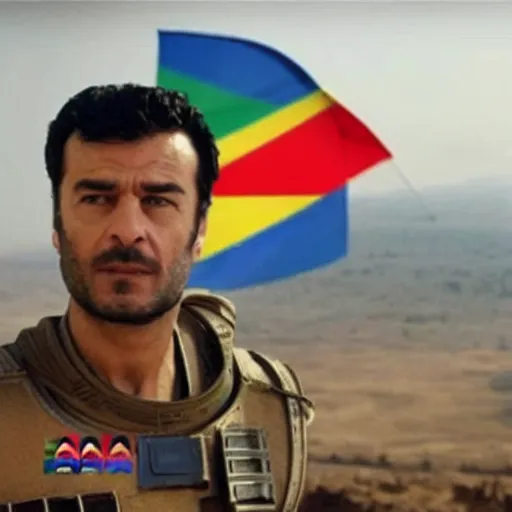 Image similar to kurdish astronaut holding a kurdistan flag in a movie directed by christopher nolan, movie still frame, promotional image, imax 7 0 mm footage