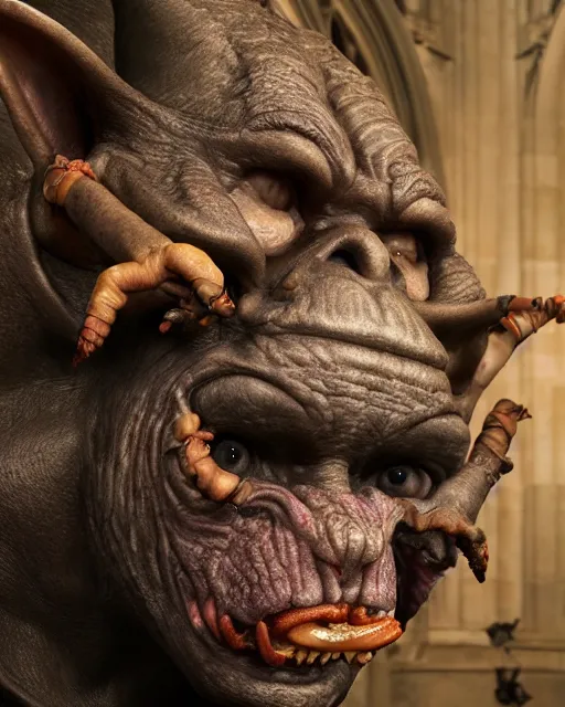 Image similar to highly detailed closeup, bosch face profile portrait of a medieval goblin eating cakes in the cathedral, depth of field, fashion photoshoot by hyung tae, frank frazetta, bosch, giger, breathtaking, detailed and intricate environment, 8 k resolution, hyperrealistic, octane render