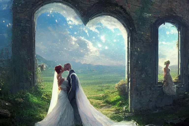 Prompt: a beautiful picture of a bride and a groom, old window, sky, by greg rutkowski and thomas kinkade, trending on artstation