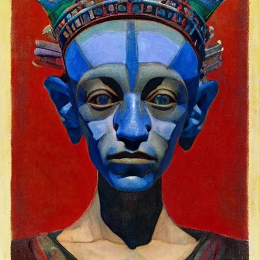 Image similar to the bone crown, by Annie Swynnerton and Nicholas Roerich and Diego Rivera, blue skin, elaborate costume, geometric ornament, rich color, dramatic cinematic lighting, smooth, sharp focus, extremely detailed