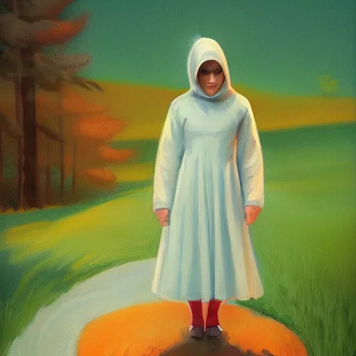 Image similar to Little Orange Riding Hood wear a dress in the valley, dark ambient beautiful, 8k resolution, road into the forest with a lake, detailed painting, art style by Edward Hopper daring, incredible, trending on Artstation