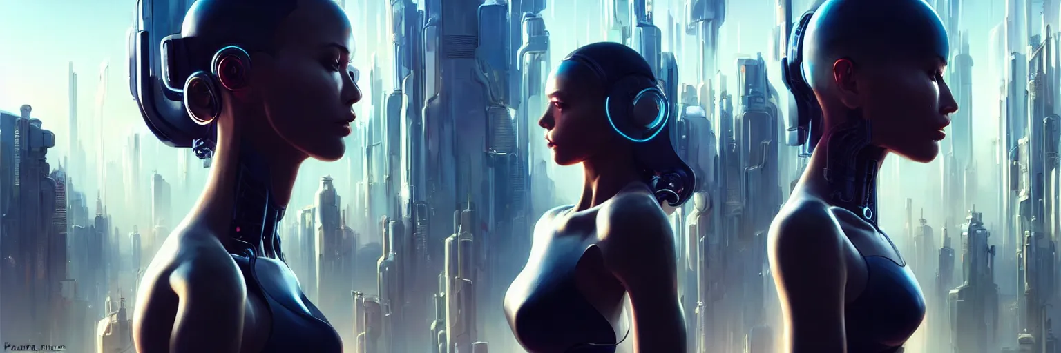 Image similar to focus on a lone female humanoid, half body cropping, outfocus background of a futuristic cyberpunk cityscape, elegant profile pose, perfect anatomy, bokeh, hyper photorealistic, crispy quality, digital photography, art by pascal blanche, art by artgerm, art by greg rutkowski,