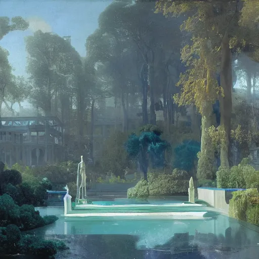 Prompt: gardens of marble draped in flowing sheets of cobalt blue satin and silver satin, by ivan aivazovsky and syd mead and moebius and john berkey and roger dean and pieter claesz and paul delaroche and alma tadema and august malmstrom and willem claesz heda and aelbert cuyp, hyperrealistic, volumetric light, octane render