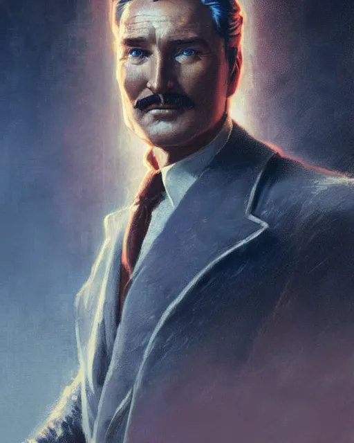 Image similar to Errol Flynn as a scientist. 1980s dystopian Soviet Russia, propaganda screens. Unreal engine, fantasy art by Greg Rutkowski and Loish. Faithfully depicted facial expression, perfect anatomy global illumination, radiant light, detailed and intricate environment