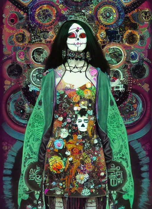 Image similar to cute punk goth fashion hippy fractal Día de los Muertos android girl wearing kimono made of circuits and leds by Zhang Jingna, psychedelic poster art by Hannah Höch Käthe Köllwitz Victor Moscoso Rick Griffin Alphonse Mucha Gustav Klimt Ayami Kojima Amano Charlie Bowater