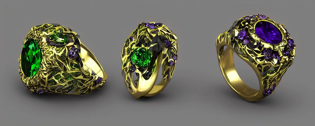 Image similar to simple magic crystal ring of poison, radiant cut, green, gold, black, purple. smooth shank, setting, prongs, crystal, engravings, diamonds, product design, jewelry, colorful, art by gerald brom, greg rutkowski and artgerm, photo realism, unreal engine, c 4 d