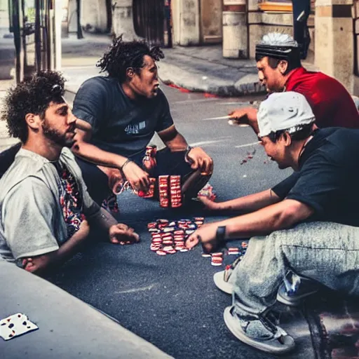 Image similar to with my homies playin street gambling, extremely human detailed, brutal human detailed!!!, hdr human detailed, 4 k human detailed!!!, photo hyper realistic, the best photograph of august, pinterest render, vogue render