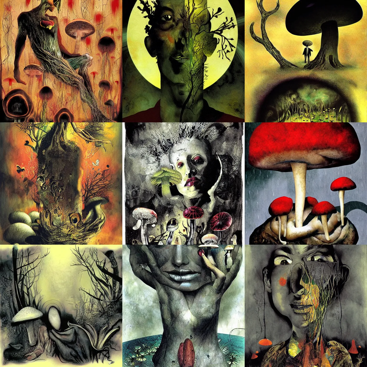 Image similar to psychedelic mushrooms dream, no fears, okay one fear, by dave mckean