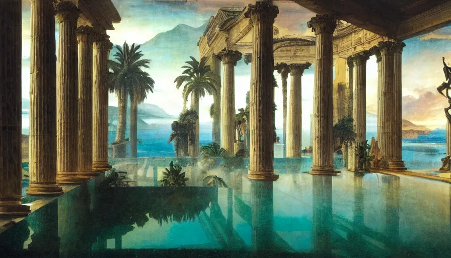 Prompt: Inside the giant Palace, mediterranean balustrade and columns line, refracted sparkles, thunderstorm, greek pool, beach and Tropical vegetation on the background major arcana sky and occult symbols, by paul delaroche, hyperrealistic 4k uhd, award-winning, very detailed paradise