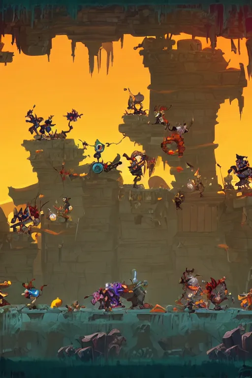 Prompt: side scroller 2d game by dead cells artist Rendering with several goblins . full of details, by squaresoft and Rayman legends , Matte painting, trending on artstation and unreal engine