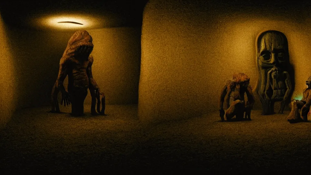 Image similar to the creature in the basement, made of glowing wax and ceramic, surrounded by friendly faces, film still from the movie directed by denis villeneuve and david cronenberg with art direction by salvador dali and zdzisław beksinski, wide lens