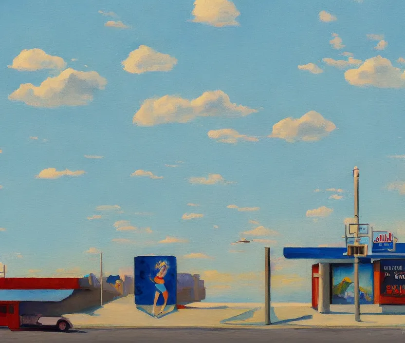 Prompt: a very detailed painting of one ad billboard, baby blue sky with very aesthetic stylized clouds, in the style of edward hopper and kandinsky, very small brushstrokes, 4 k,