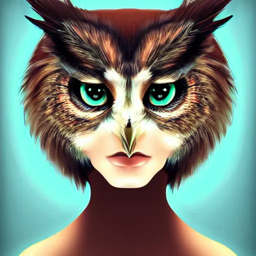 Prompt: beautiful furry owl portrait, beautiful woman, digital art, art