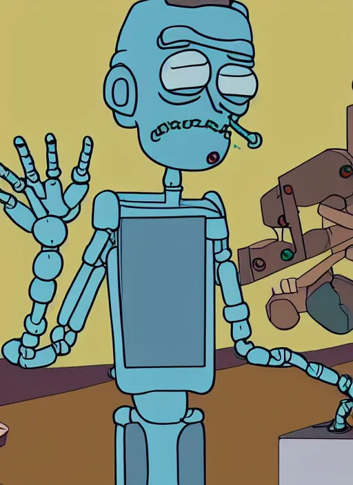 Prompt: an artificial intelligence in a robot short circuiting why studying how human hands look, rick and morty art style illustration, location is a robot factory