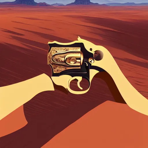 Image similar to smith & wesson revolver in the desert, smooth face, centered median photoshop filter cutout vector behance hd by artgerm, jesper ejsing, by rhads, makoto shinkai and lois van baarle, ilya kuvshinov, rossdraws, illustration, art by ilya kuvshinov and gustav klimt