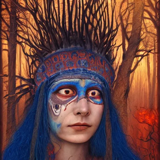 Image similar to A young blindfolded shaman woman with a decorated headband from which blood flows, in the style of heilung, blue hair and wood on her head. The background is a forest on fire, made by Esao Andrews and Karol Bak and Zdzislaw Beksinski,