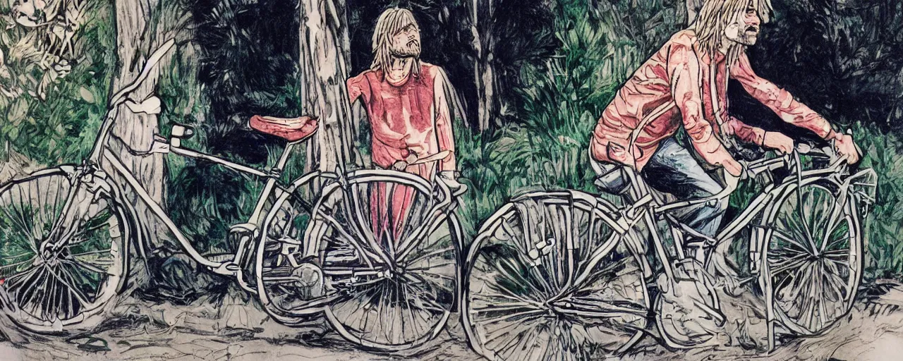 Image similar to beautiful detailed comic illustration of Kurt Cobain on a bicycle on a bicycle, colored