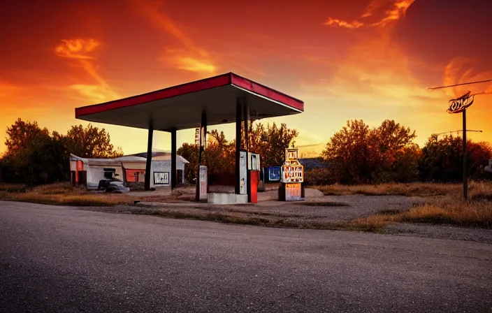 Prompt: A beautiful colorful evening scene of route66, 1950’s old road with abandoned gas station and rusty old pickup truck in the back, hyper realistic, softlight, blinding backlight evening sun, sparkling sun rays, epic scene, intense setting, evening vibe