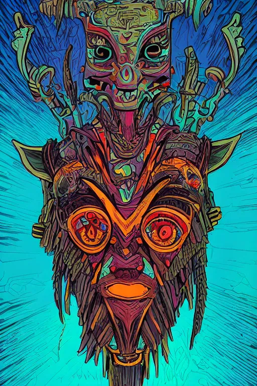 Image similar to totem animal tribal chaman vodoo mask feather gemstone plant wood rock video game illustration vivid color borderlands by josan gonzales and dan mumford radiating a glowing aura