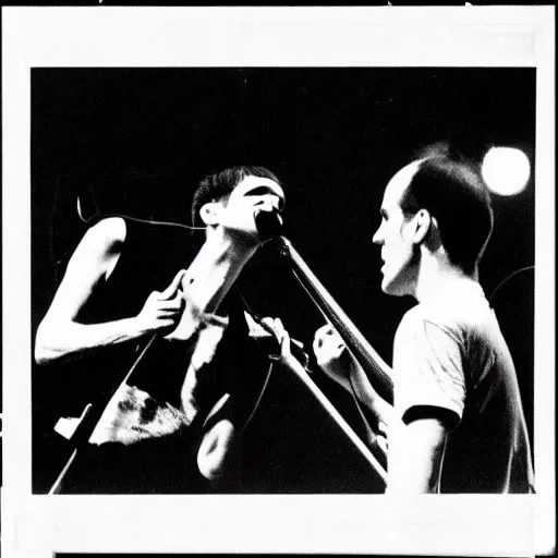 Image similar to Fugazi live 1992, live at Lollapalooza, Ian MacKaye, Guy Picciotto, punk rock, alternative rock, VHS quality, MTV footage