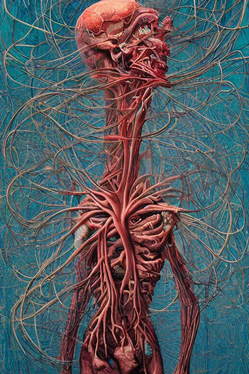 Prompt: a tall, fleshy, anatomical figure, with arteries as roots, hovering in the air, zero gravity, bursting neon stars, hauntingly surreal, highly detailed painting by james jean, part by gerhard richter, intricate detail, extremely detailed, hyper realism, simon stalenhag, beksinski painting,